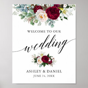Calligraphy Burgundy Floral Wedding Welcome Poster