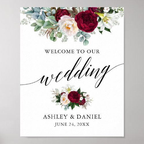 Calligraphy Burgundy Floral Wedding Welcome Poster