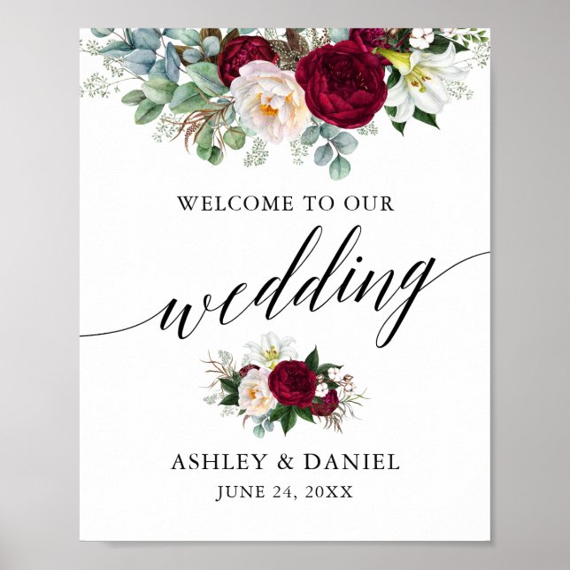 Calligraphy Burgundy Floral Wedding Welcome Poster (Front)