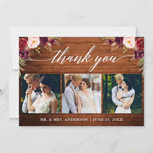 Calligraphy Burgundy Floral Wedding Wood 3 Photo Thank You Card (Front)