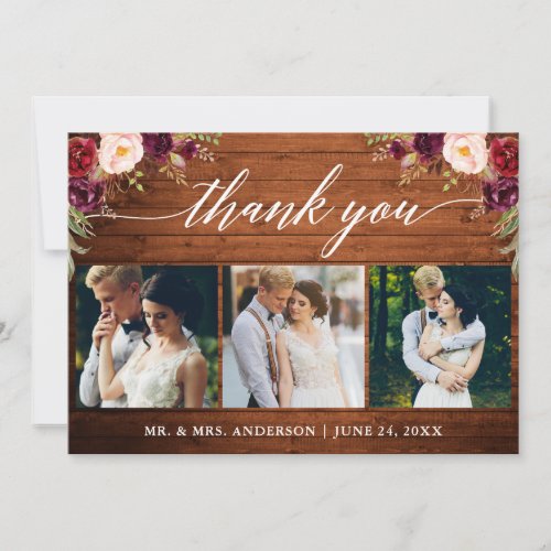 Calligraphy Burgundy Floral Wedding Wood 3 Photo Thank You Card