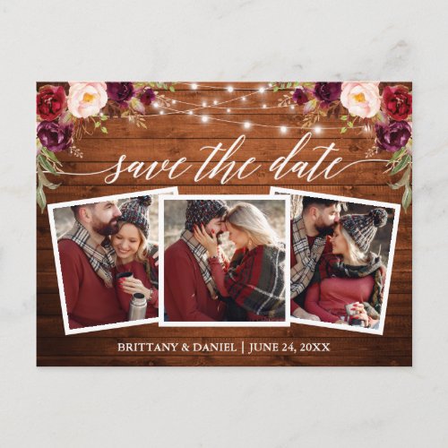 Calligraphy Burgundy Floral Wood Save The Date Postcard