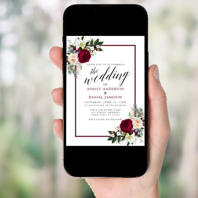 Calligraphy Burgundy Frame Greenery Floral Wedding Invitation (Front Digital)