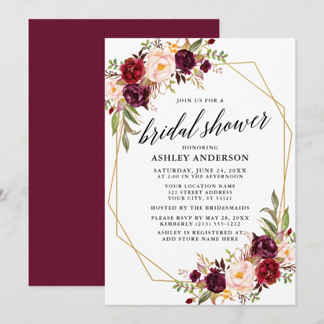 Calligraphy Burgundy Geometric Bridal Shower Invitation (Front/Back)