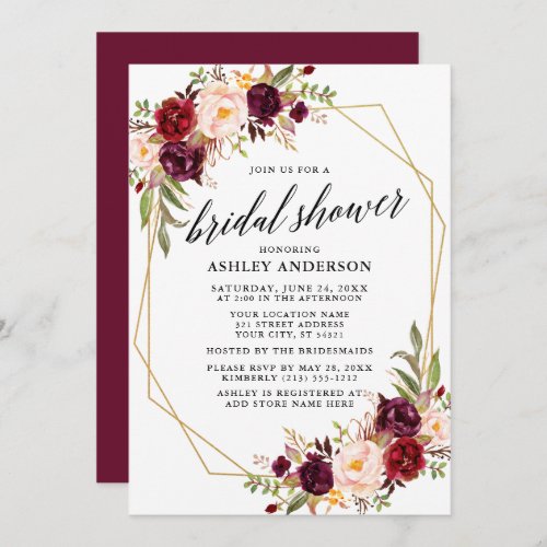 Calligraphy Burgundy Geometric Bridal Shower Invitation