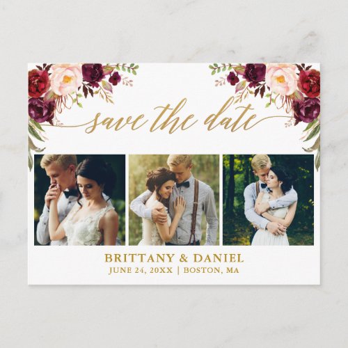 Calligraphy Burgundy Save The Date 3 Photo Gold Announcement Postcard