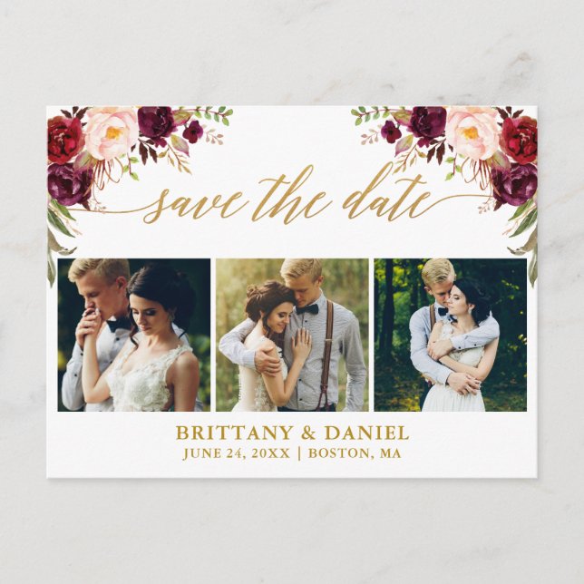 Calligraphy Burgundy Save The Date 3 Photo Gold Announcement Postcard (Front)
