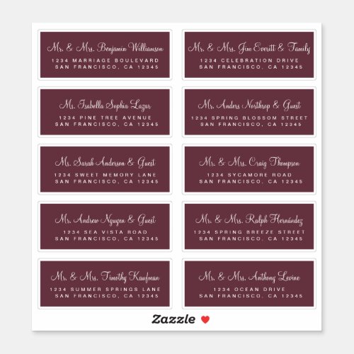 Calligraphy Burgundy Wedding Guest Address Labels