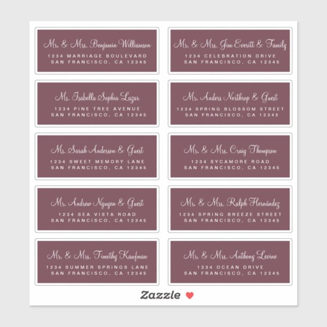 Calligraphy Burgundy Wedding Guest Address Labels (Sheet)