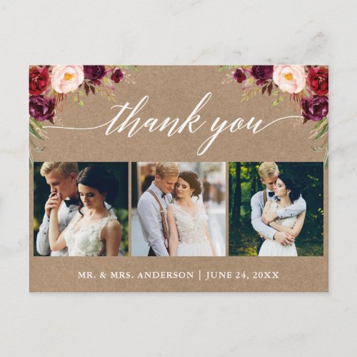 Calligraphy Burgundy Wedding Photo Thank You Kraft Postcard