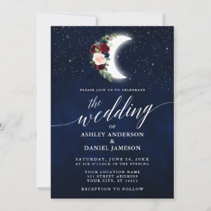 Calligraphy Celestial Wedding Floral Moon Stars Invitation