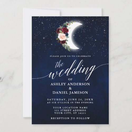 Calligraphy Celestial Wedding Floral Moon Stars Invitation