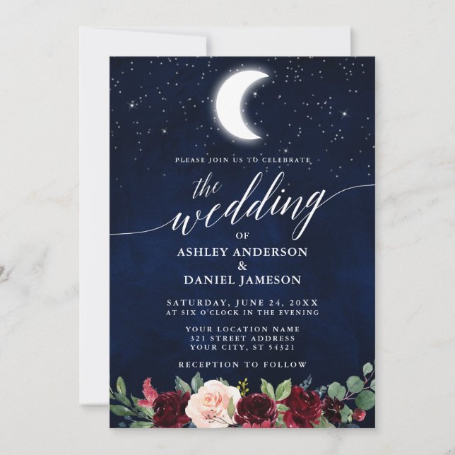 Calligraphy Celestial Wedding Moon Stars Floral Invitation (Front)