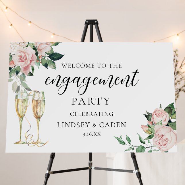 Calligraphy Champaign Floral Engagement Welcome Foam Board (In Situ (Stand))