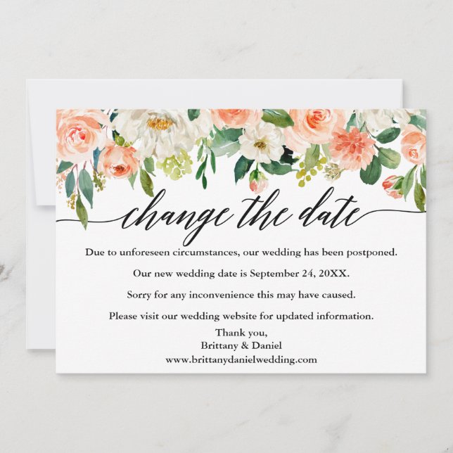 Calligraphy Change The Date Coral Floral Card (Front)