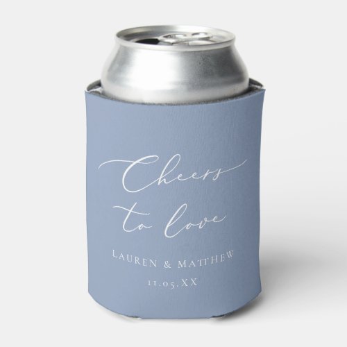 Calligraphy Cheers to Love Dusty Blue Wedding Can Cooler