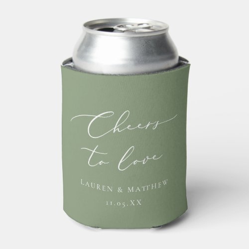 Calligraphy Cheers to Love Sage Green Wedding Can Cooler