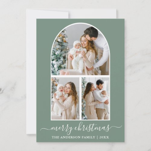 Calligraphy Christmas 3 Photo Arch Sage Green Holiday Card