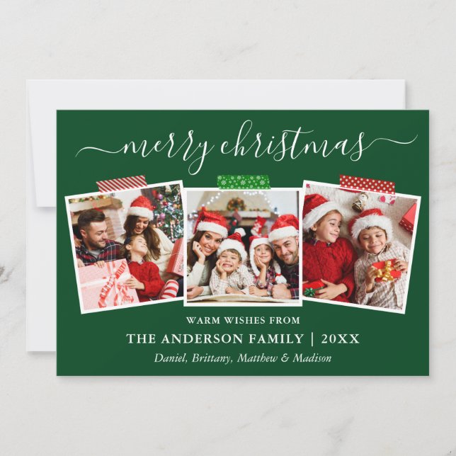 Calligraphy Christmas 3 Photo Craft Tape Green Holiday Card (Front)