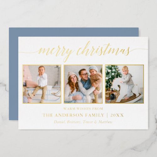 Calligraphy Christmas 3 Photo Dusty Blue Gold Foil Holiday Card