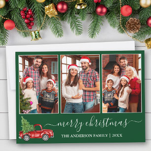 Calligraphy Christmas 3 Photo Red Truck Green Holiday Card