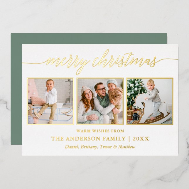 Calligraphy Christmas 3 Photo Sage Green Gold Foil Holiday Card (Front/Back)