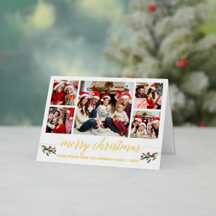 Calligraphy Christmas 5 Photo Holly Berries Gold Foil Holiday Card