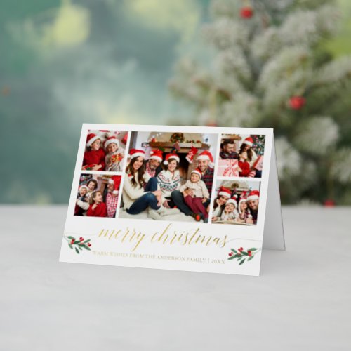 Calligraphy Christmas 5 Photo Holly Berries Gold Foil Holiday Card