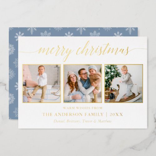 Calligraphy Christmas Dusty Blue 3 Photo Gold Foil Holiday Card