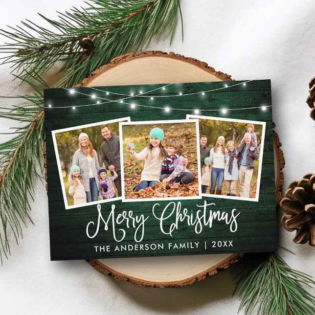 Calligraphy Christmas Green Wood Lights 3 Photo Postcard (Customize to change your personalized text size or text style.)