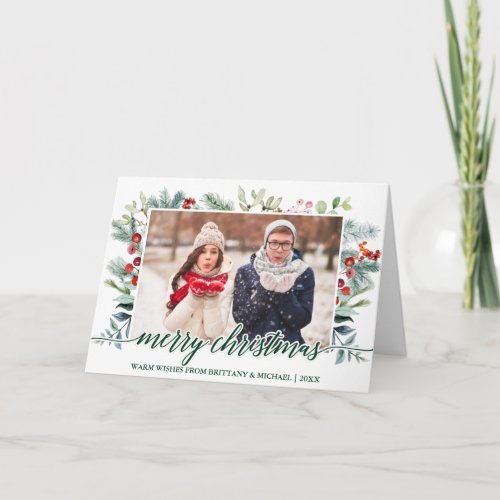 Calligraphy Christmas Greenery Couple Fold Green Holiday Card