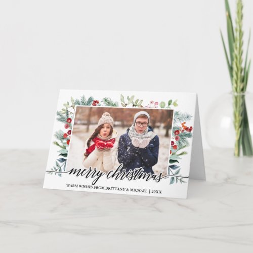 Calligraphy Christmas Greenery Couple Photo Fold Holiday Card