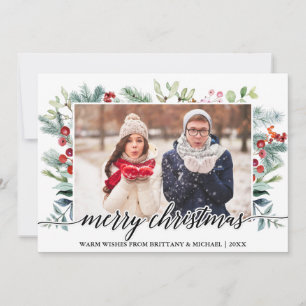Calligraphy Christmas Greenery Couple Photo Holiday Card