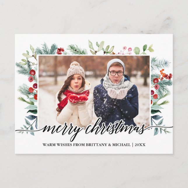 Calligraphy Christmas Greenery Couple Photo Postcard (Front)