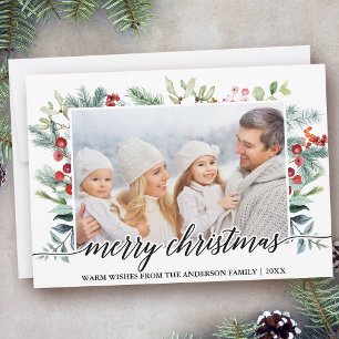 Calligraphy Christmas Greenery Family Photo Holiday Card