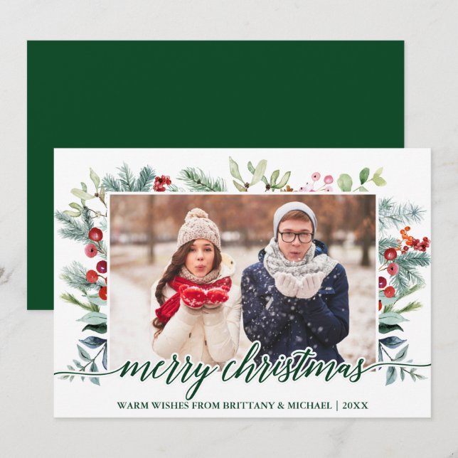 Calligraphy Christmas Greenery Green Couple Photo Holiday Card (Front/Back)