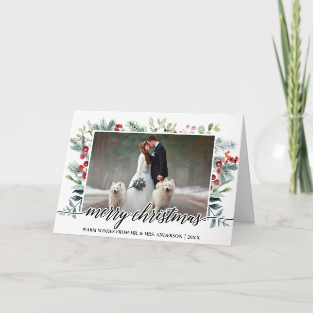 Calligraphy Christmas Greenery Wedding Photo Fold Holiday Card (Front)