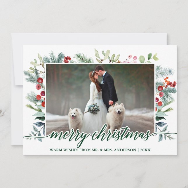 Calligraphy Christmas Greenery Wedding Photo Green Holiday Card (Front)