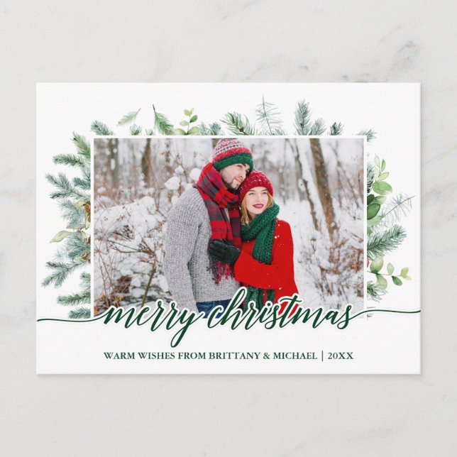 Calligraphy Christmas Pine Greenery Couple Green Postcard (Front)