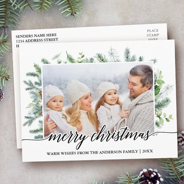 Calligraphy Christmas Pine Greenery Family Photo Postcard (Customize to change your personalized text size or text style.)