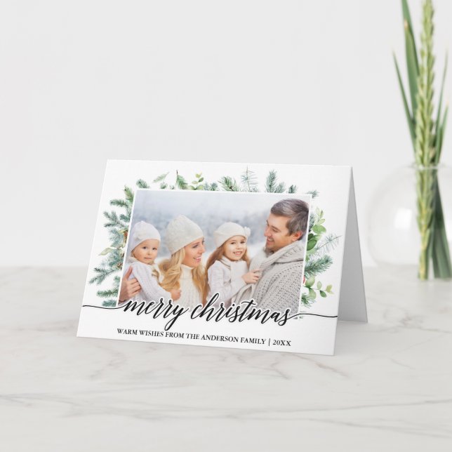 Calligraphy Christmas Pine Greenery Photo Fold Holiday Card (Front)