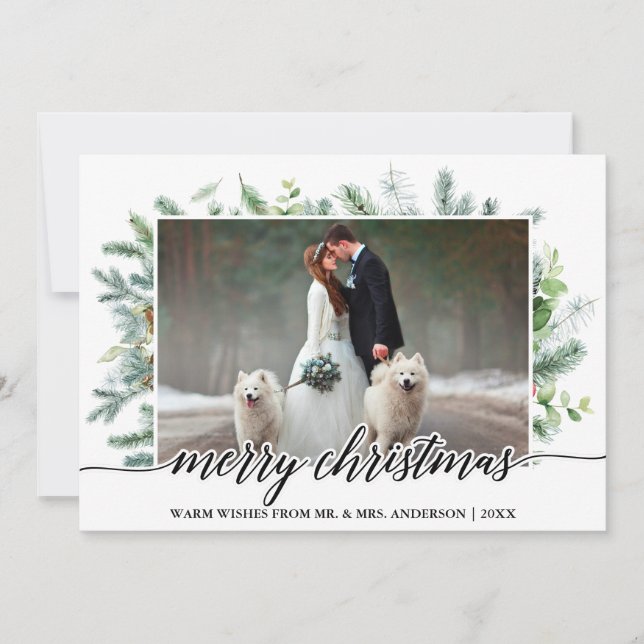 Calligraphy Christmas Pine Greenery Wedding Photo Holiday Card (Front)
