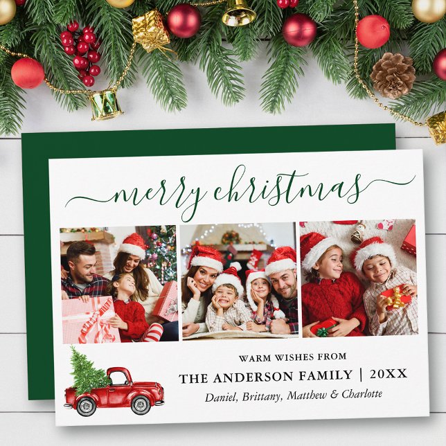 Calligraphy Christmas Red Truck 3 Photo Green Holiday Card (Customize to add text to back of card or to change color of back of card.)