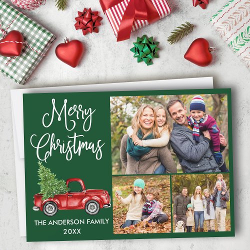 Calligraphy Christmas Red Truck 3 Photo Green Holiday Card