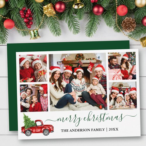Calligraphy Christmas Red Truck 5 Photo Green Holiday Card