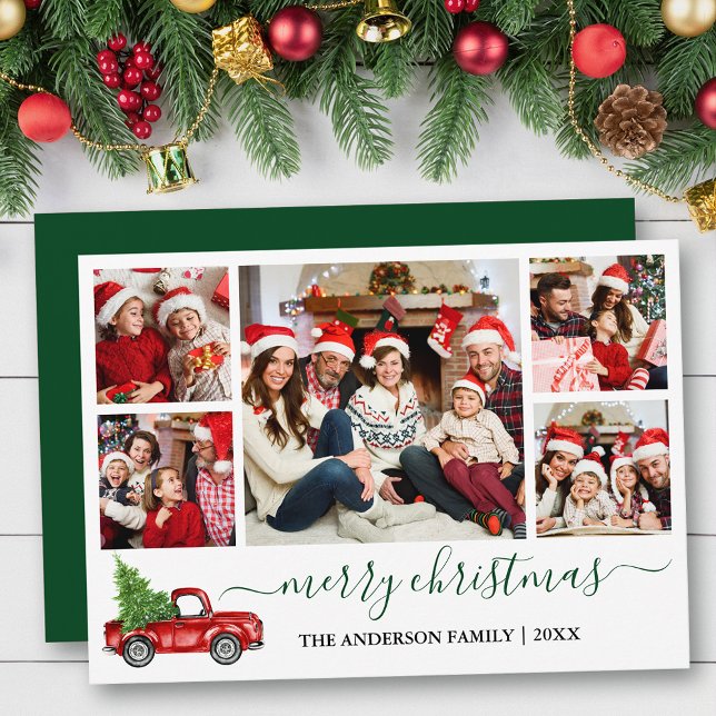 Calligraphy Christmas Red Truck 5 Photo Green Holiday Card (Customize to add text to back of card or to change color of back of card.)