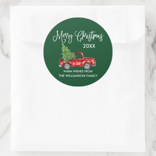 Calligraphy Christmas Red Truck Green Gift Classic Round Sticker
