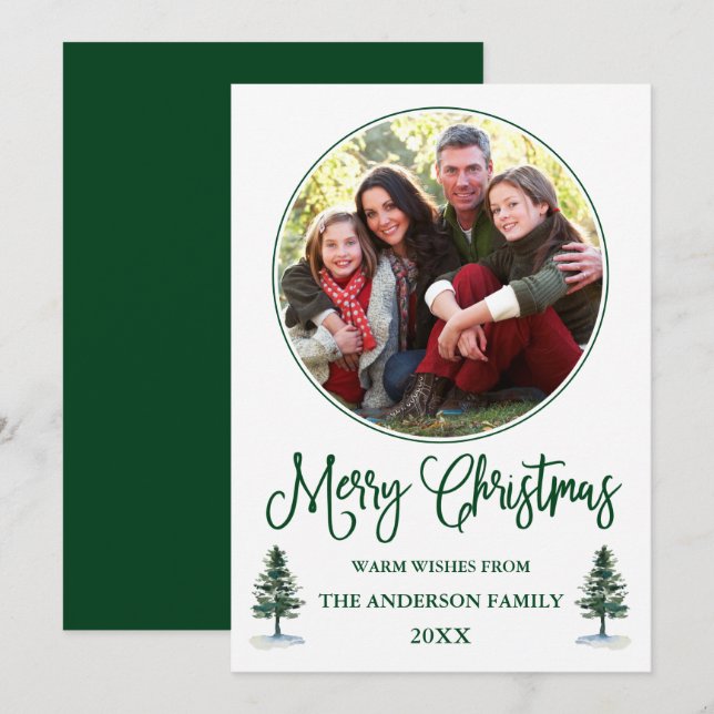 Calligraphy Christmas Round Photo Frame Green Pine Holiday Card (Front/Back)