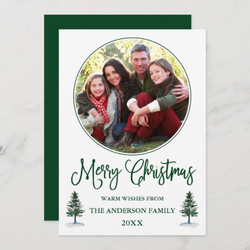 Calligraphy Christmas Round Photo Frame Green Pine Holiday Card