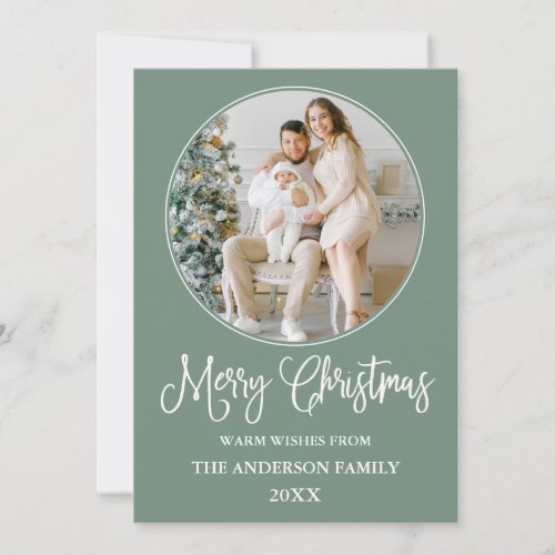 Calligraphy Christmas Round Photo Frame Sage Green Holiday Card